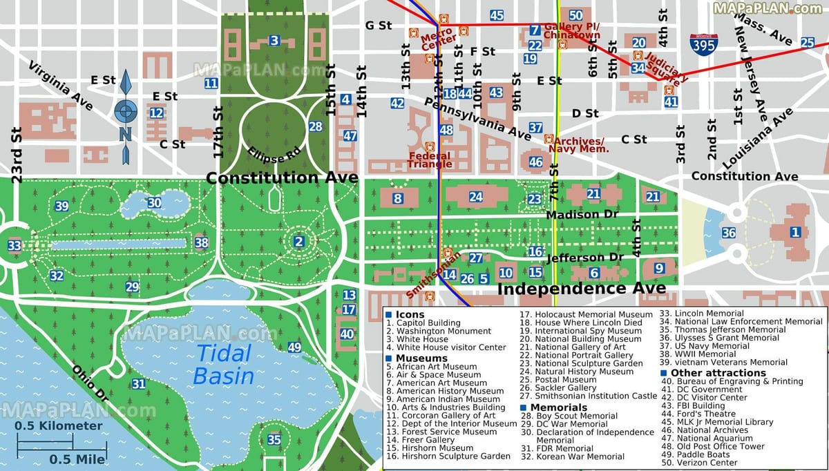 Karte von washington dc-Sehenswürdigkeiten